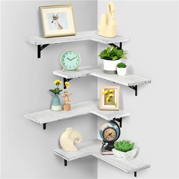 Corner Floating Shelves Wall Mounted Set of 4, Wood Wall Storage (Rustic White)